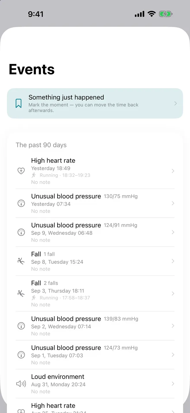 Events — What the watch recorded, and what you felt at the time. The second half is the part no other app keeps.
