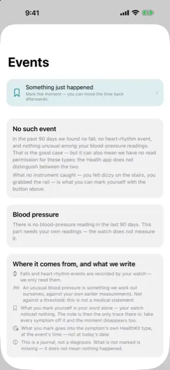 Events — What the watch recorded, and what you felt at the time. The second half is the part no other app keeps.