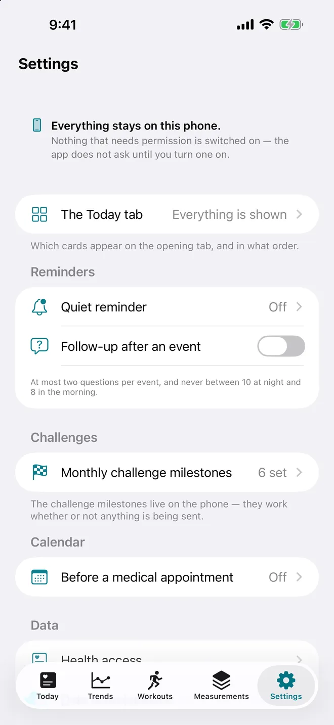 Settings — Everything is off by default, including notifications and the calendar.
