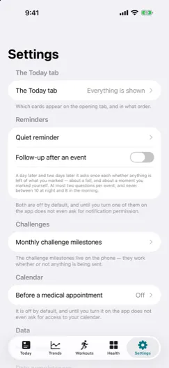 Settings — Everything is off by default, including notifications and the calendar.