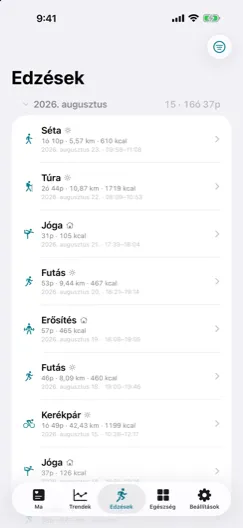 Edzések — Grouped by month with a count and a total, filterable by type, place, duration, distance, energy and heart rate.