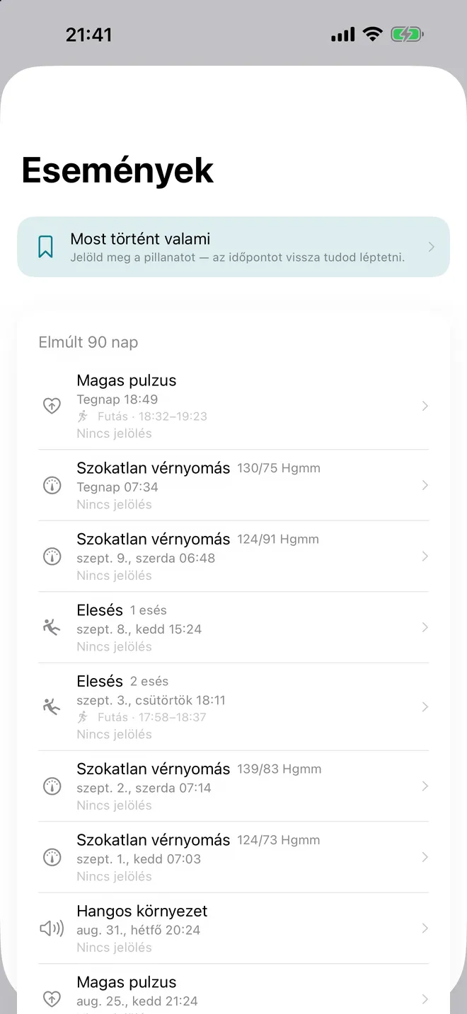 Események — What the watch recorded, and what you felt at the time. The second half is the part no other app keeps.