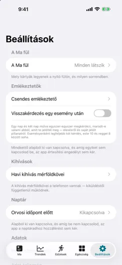 Beállítások — Everything is off by default, including notifications and the calendar.