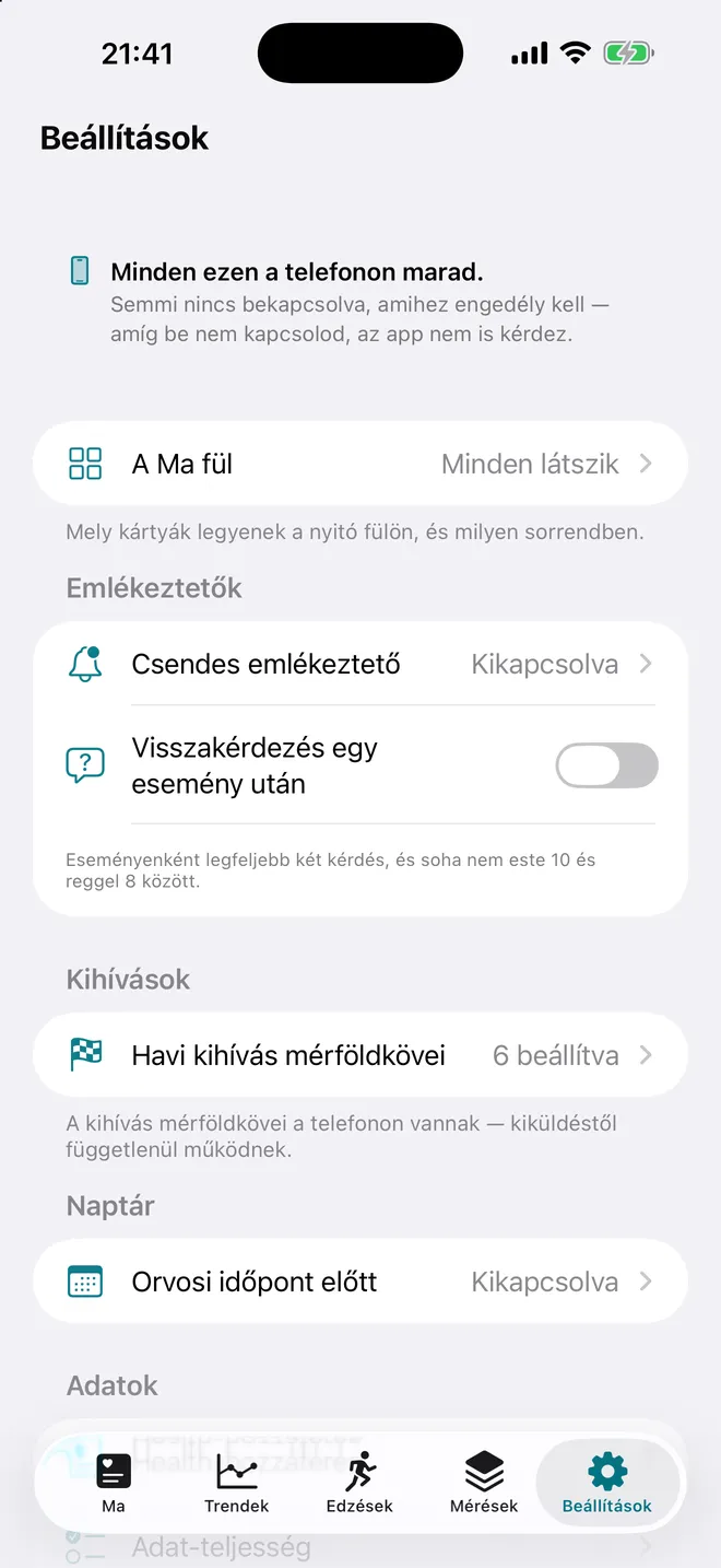 Beállítások — Everything is off by default, including notifications and the calendar.