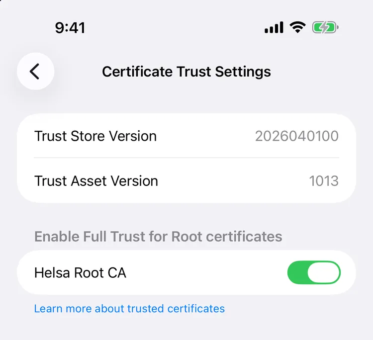 iOS Certificate Trust Settings with the Helsa root CA enabled
