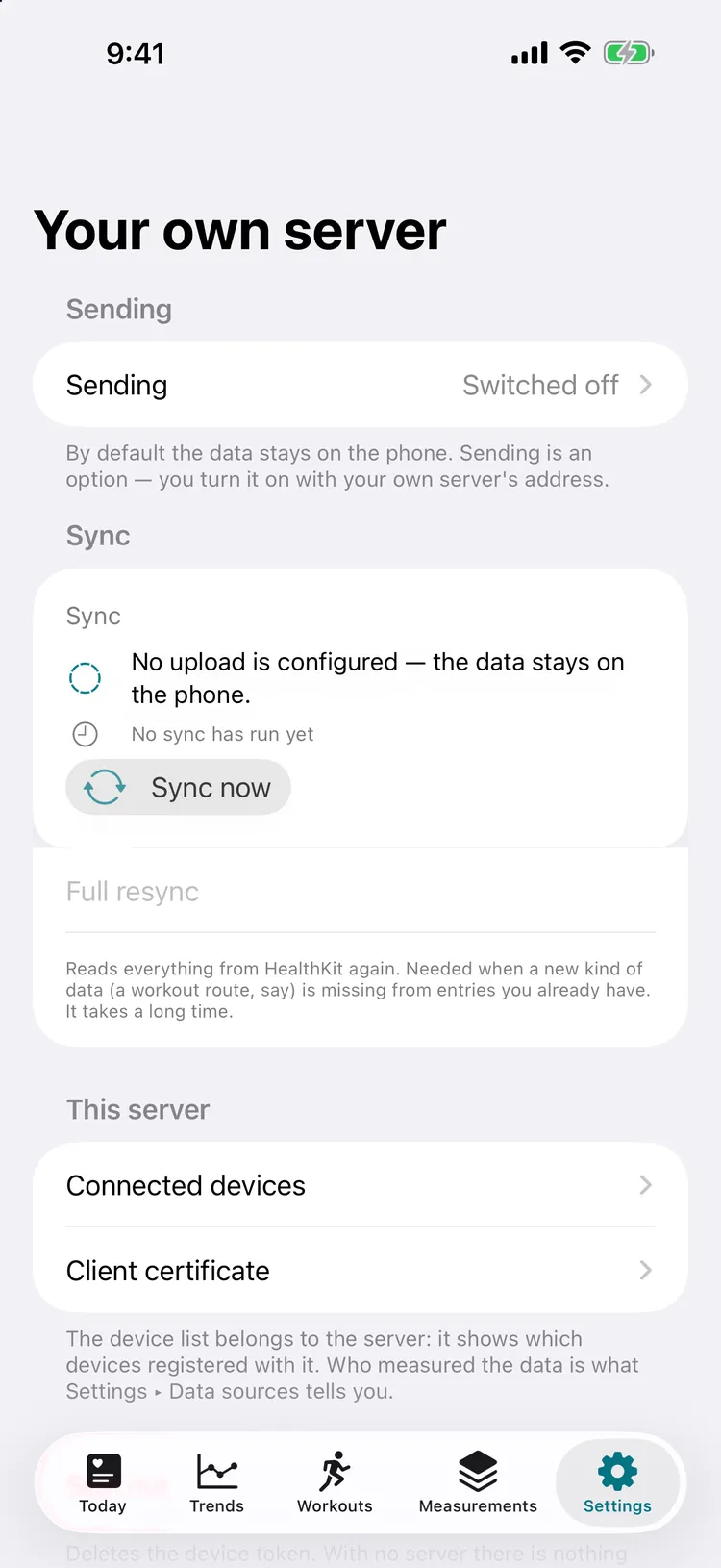 The app’s “Your own server” screen, with sending switched off by default