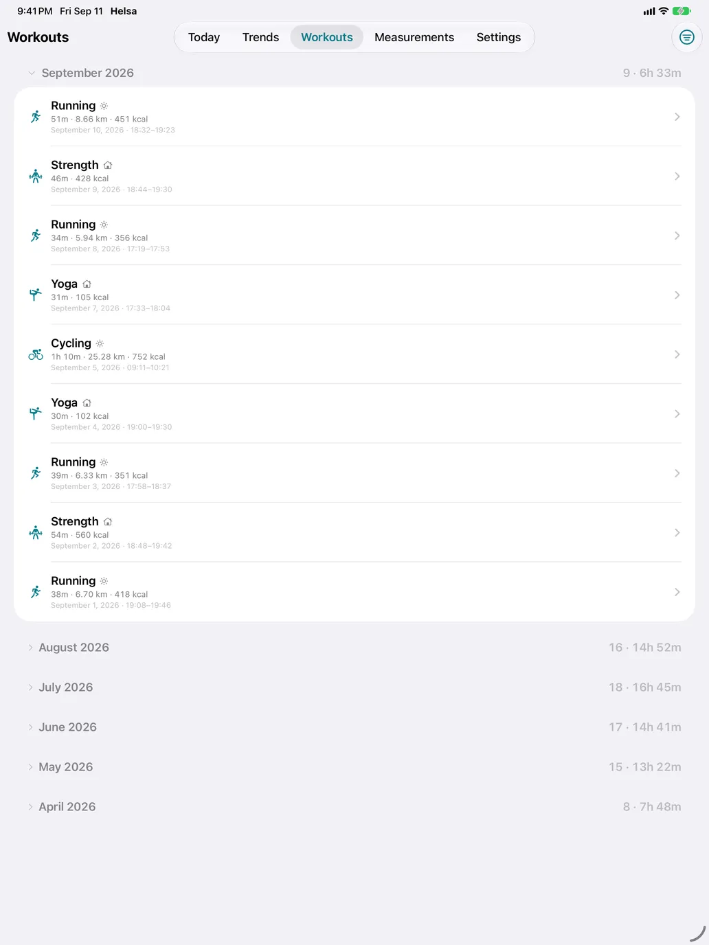 Workouts — Grouped by month with a count and a total, filterable by type, place, duration, distance, energy and heart rate.