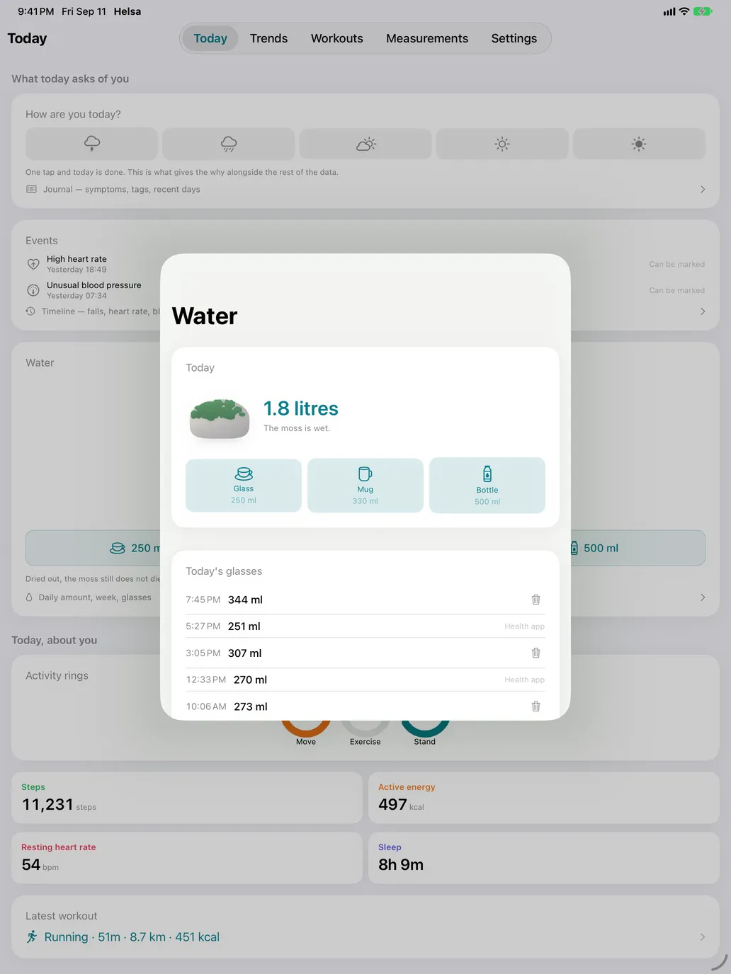 Water — The daily amount, and a moss that dries out and comes back. Written to Apple Health, not kept separately.