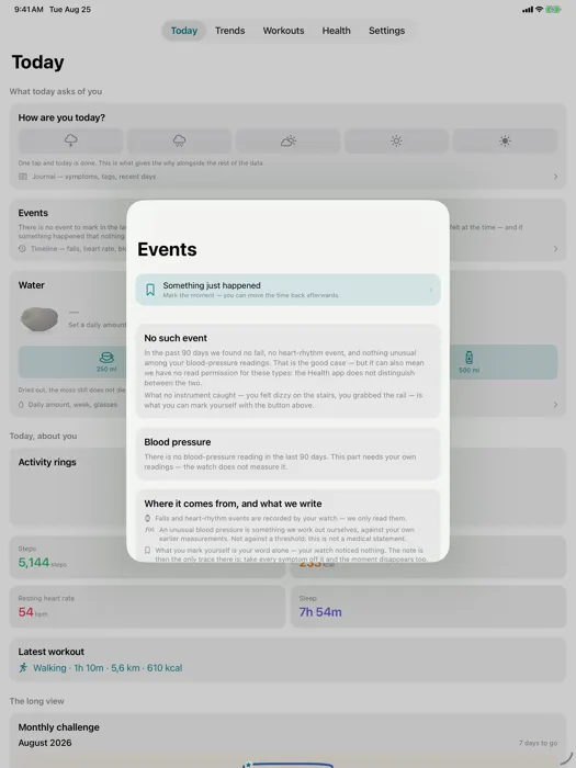 Events — What the watch recorded, and what you felt at the time. The second half is the part no other app keeps.