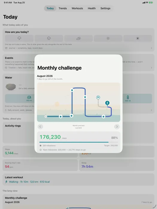 Challenge — The monthly streak, with rest days built in rather than bolted on.