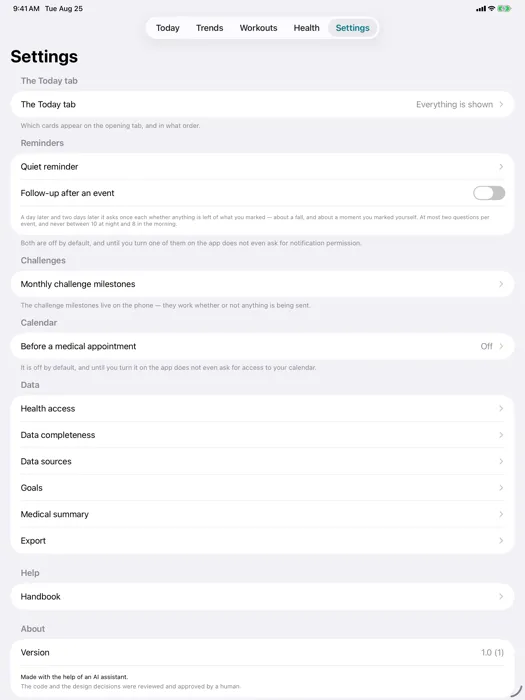 Settings — Everything is off by default, including notifications and the calendar.