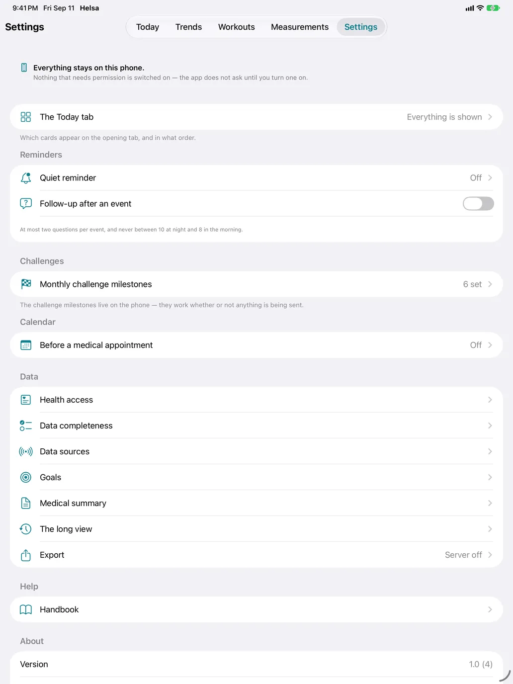Settings — Everything is off by default, including notifications and the calendar.