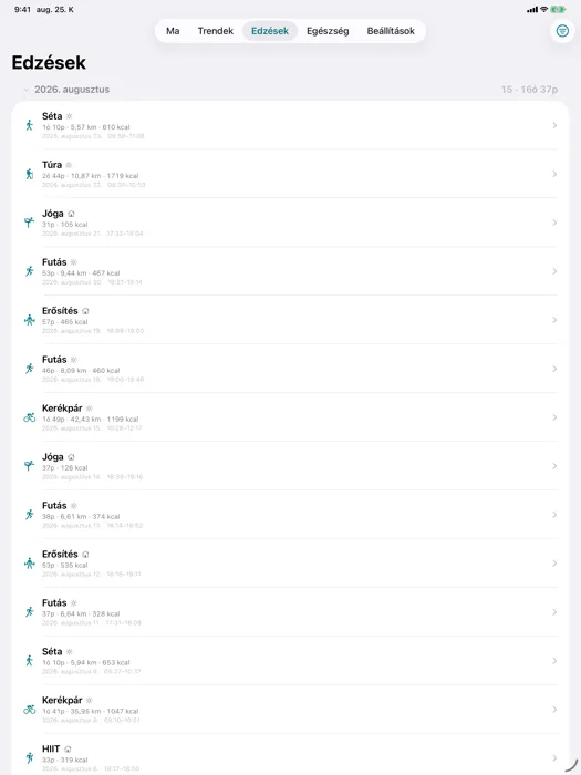 Edzések — Grouped by month with a count and a total, filterable by type, place, duration, distance, energy and heart rate.