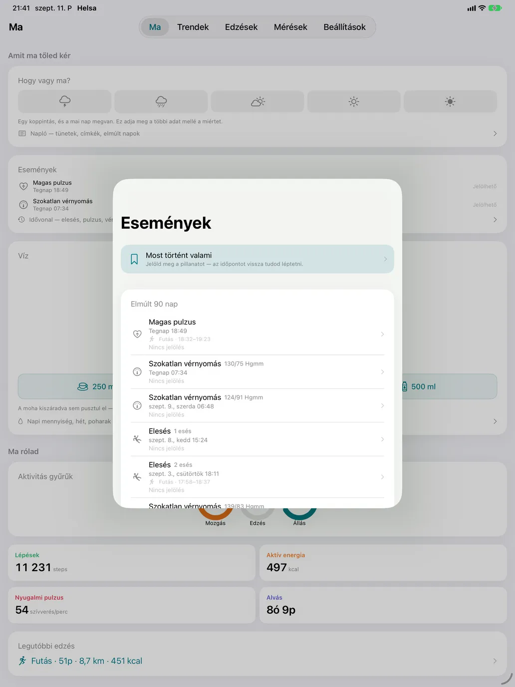 Események — What the watch recorded, and what you felt at the time. The second half is the part no other app keeps.