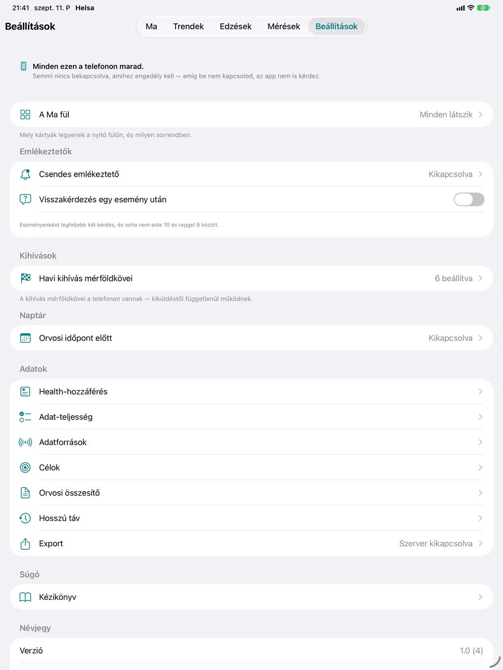 Beállítások — Everything is off by default, including notifications and the calendar.