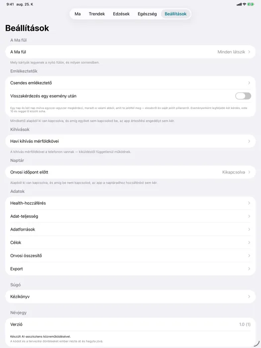 Beállítások — Everything is off by default, including notifications and the calendar.